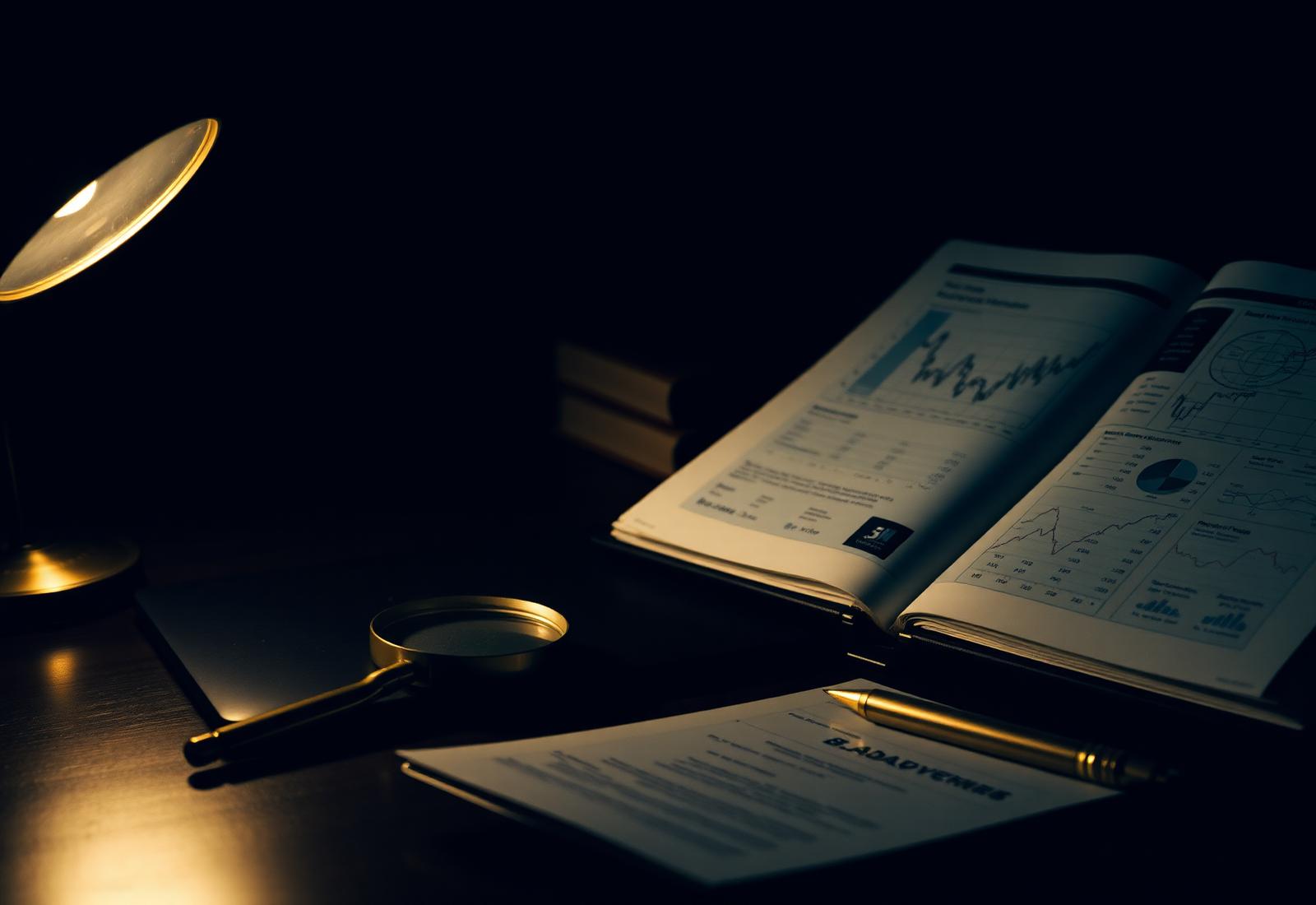 Investigator's desk with case files and magnifier